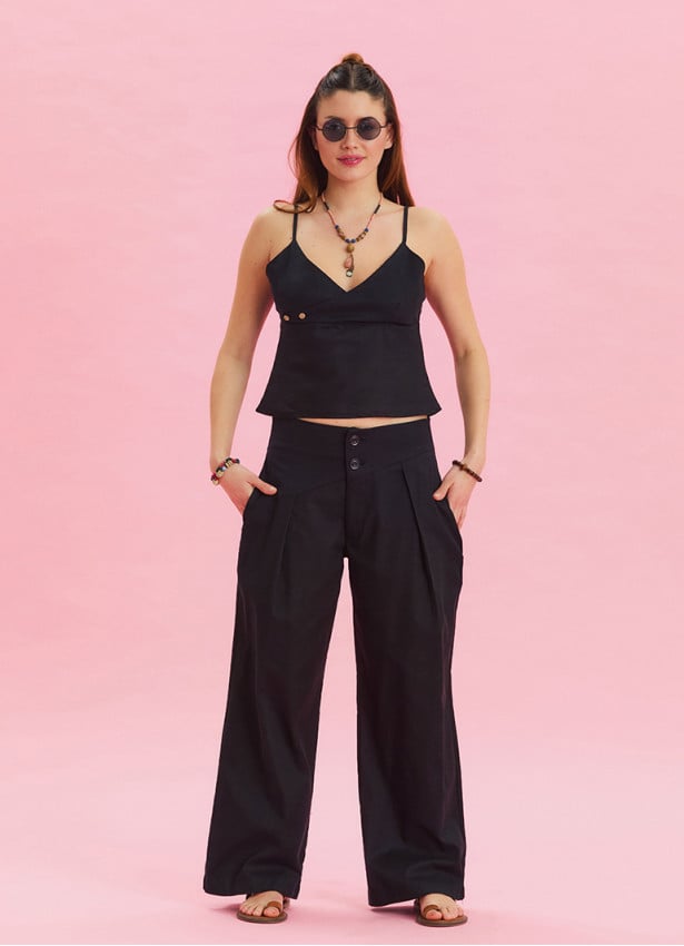 Pleated Bias Cut Buttoned Black Bohemian Trousers 4466